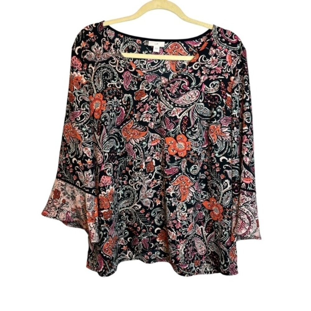 J. Jill Blouse Women's Large Paisley Floral V-Neck Lightweight Office Black Pink